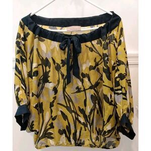 Burlapp Yellow Blue Grey White‎ Floral Silk Cotton strap Neckline Blouse Size L